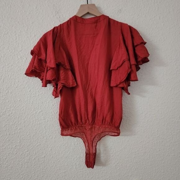 Free People Call Me Later Ruffle Sleeves Bodysuit in Rust Red Women's Size XS - Picture 8 of 8